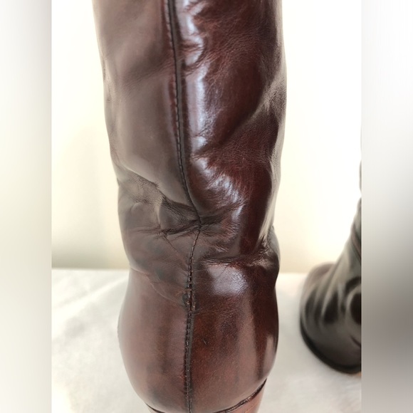 Vintage Bally Mahogany Brown Glossed Leather Heeled Boots Almond Toe 7 1/2 - Picture 6 of 10